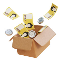 3D Rendering of 50,000 Korean Won Bills Bursting Out of a Courier Box