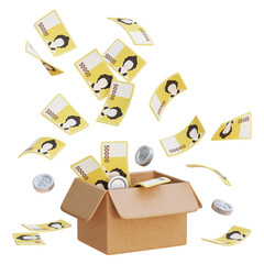 3D Rendering of 50,000 Korean Won Bills Bursting Out of a Courier Box