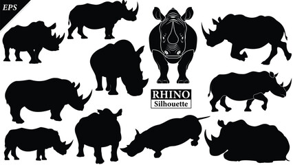 Fototapeta premium set of Black silhouette of rhinoceros isolated on white background, Beautiful rhinoceros logo icon vector design, standing, rhino silhouette vector illustration, vector. Black rhino Silhouette logo 