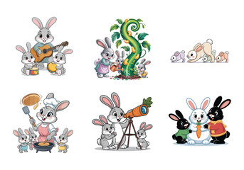 Fototapeta premium Adorable bunny family enjoying music gardening cooking and stargazing on white background