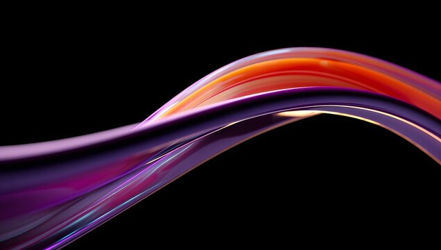 Smooth flowing metallic ribbon with purple and orange iridescent colors, abstract shape, elegant curved form, reflective surface, black background, studio lighting, modern design.