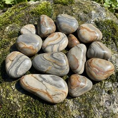 banded polished stones on a mossy rock