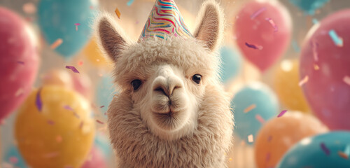 Obraz premium Cute alpaca wearing a colorful party hat surrounded by pastel balloons and festive confetti