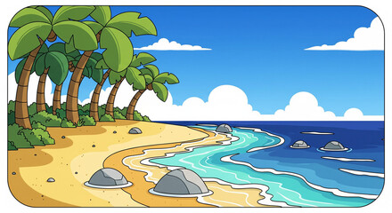 Cartoon tropical island with palm trees and sea