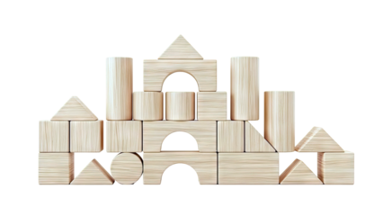 Wooden building blocks arranged in a castle-like structure