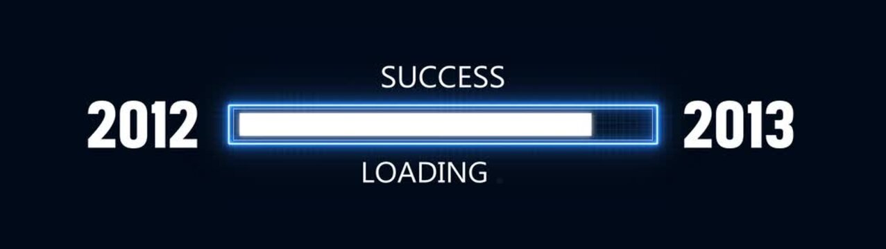 Loading bar from 2012 to 2013 new year transfer animation. Almost reaching New Year ,LOADING...text, alongside a success loading business progress and achieving goals investment.