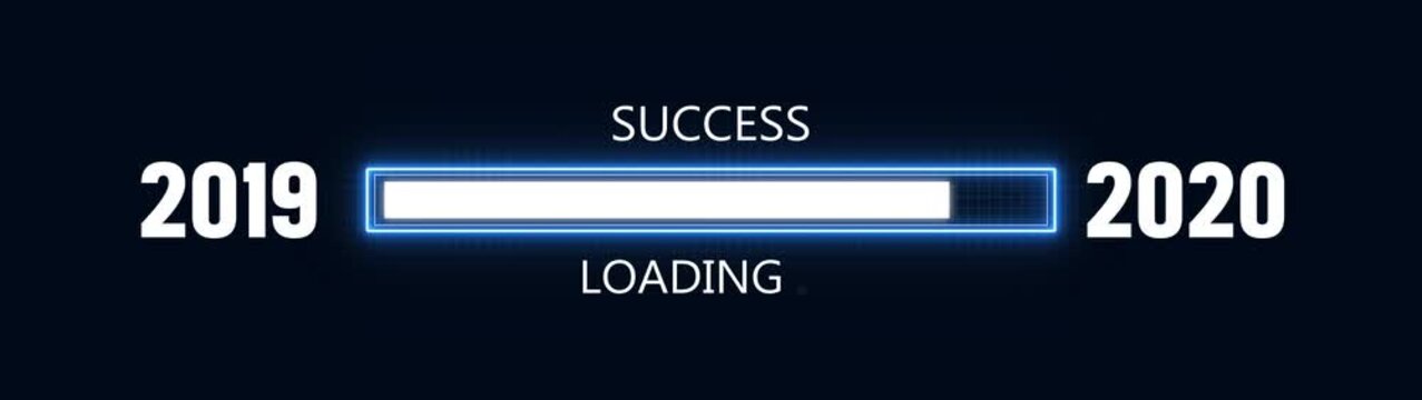 Loading bar from 2019 to 2020 new year transfer animation. Almost reaching New Year ,LOADING...text, alongside a success loading business progress and achieving goals investment.