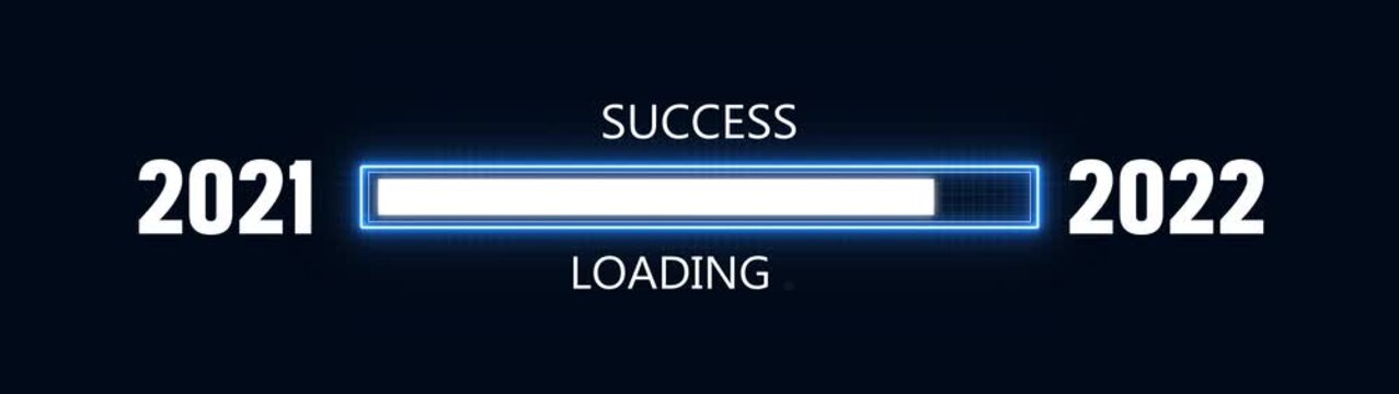 Loading bar from 2021 to 2022 new year transfer animation. Almost reaching New Year ,LOADING...text, alongside a success loading business progress and achieving goals investment.