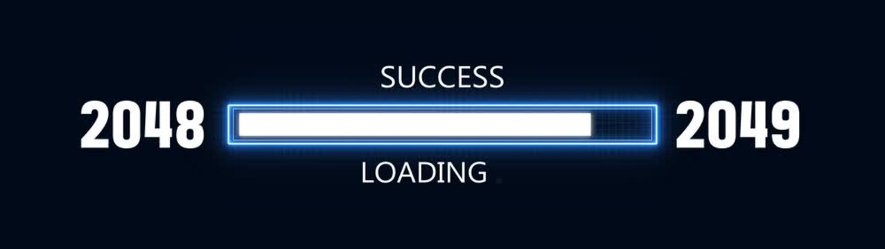 Loading bar from 2048 to 2049 new year transfer animation. Almost reaching New Year ,LOADING...text, alongside a success loading business progress and achieving goals investment.