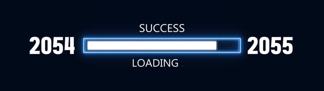 Loading bar from 2054 to 2055 new year transfer animation. Almost reaching New Year ,LOADING...text, alongside a success loading business progress and achieving goals investment..