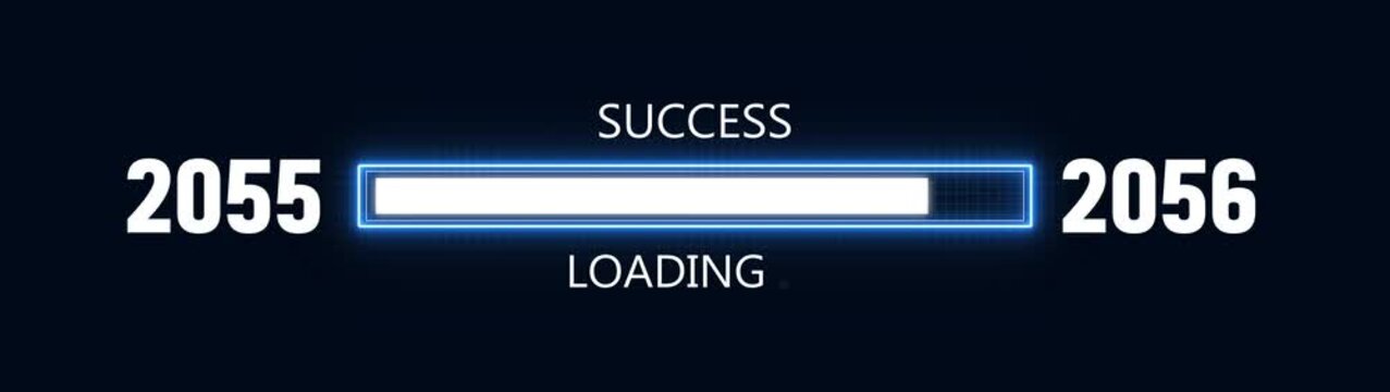 Loading bar from 2055 to 2056 new year transfer animation. Almost reaching New Year ,LOADING...text, alongside a success loading business progress and achieving goals investment.