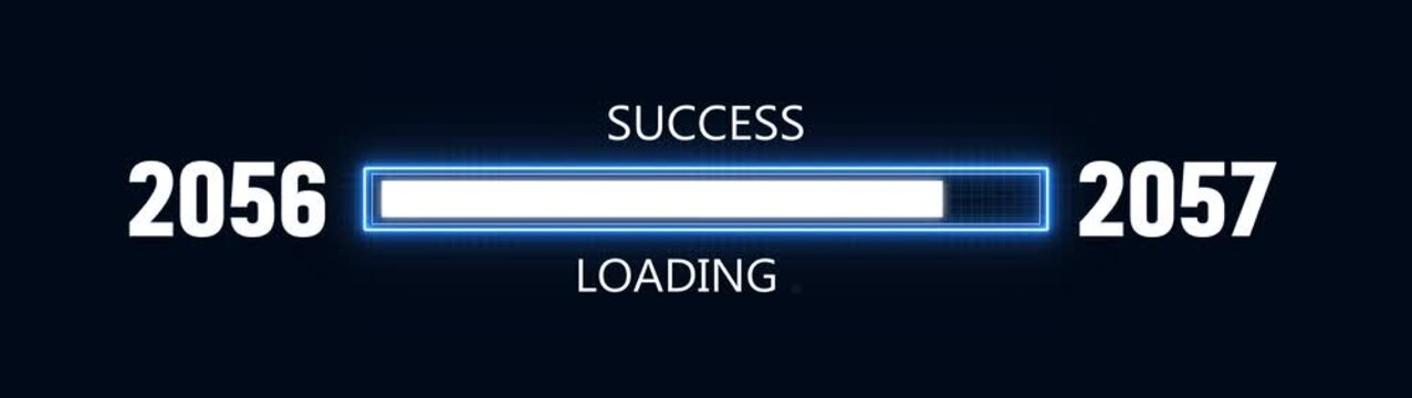 Loading bar from 2056 to 2057 new year transfer animation. Almost reaching New Year ,LOADING...text, alongside a success loading business progress and achieving goals investment.