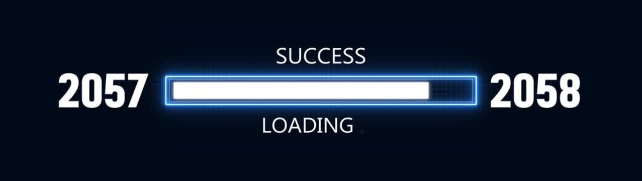 Loading bar from 2057 to 2058 new year transfer animation. Almost reaching New Year ,LOADING...text, alongside a success loading business progress and achieving goals investment.