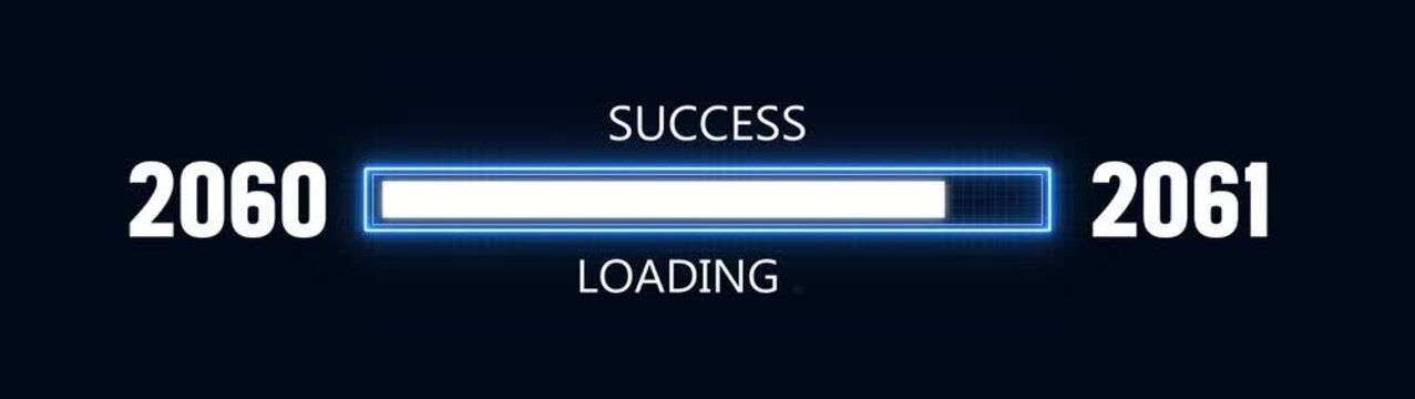 Loading bar from 2060 to 2061 new year transfer animation. Almost reaching New Year ,LOADING...text, alongside a success loading business progress and achieving goals investment.
