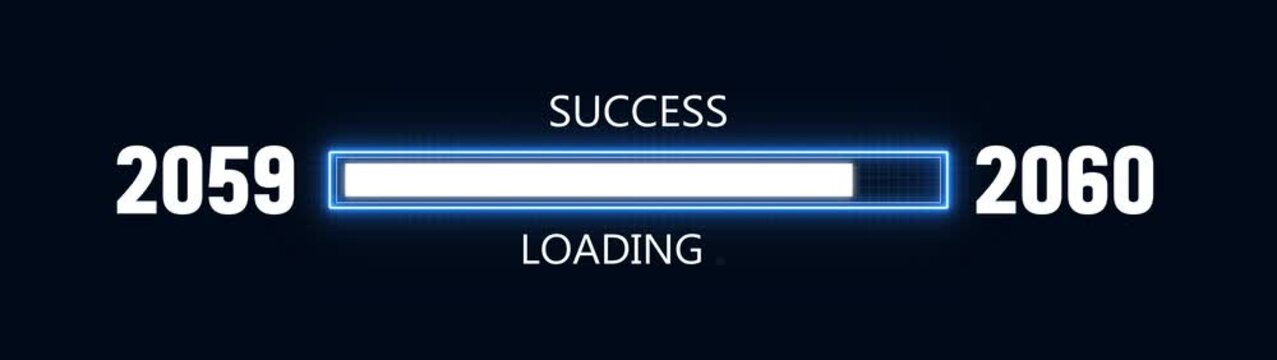 Loading bar from 2059 to 2060 new year transfer animation. Almost reaching New Year ,LOADING...text, alongside a success loading business progress and achieving goals investment.
