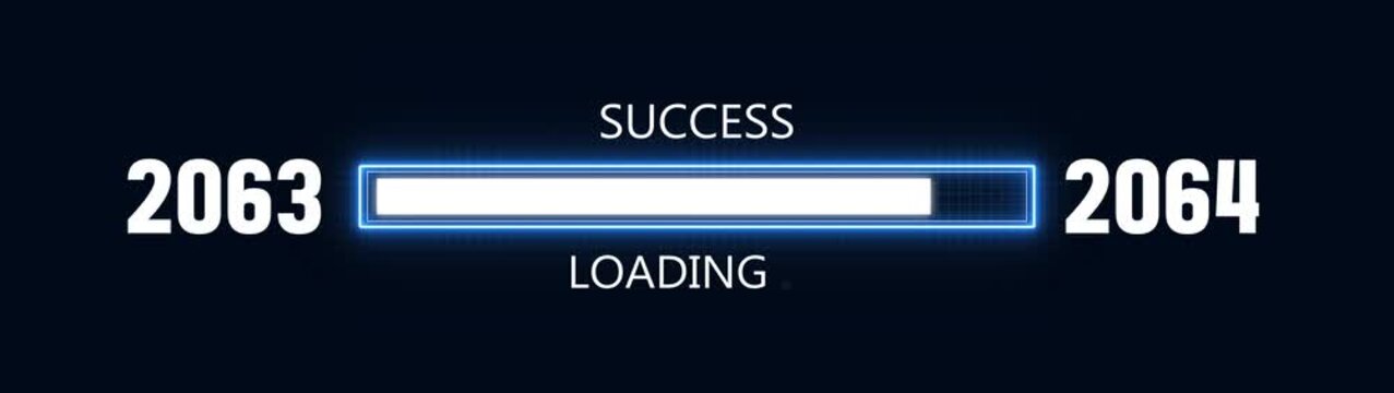 Loading bar from 2063 to 2064 new year transfer animation. Almost reaching New Year ,LOADING...text, alongside a success loading business progress and achieving goals investment.