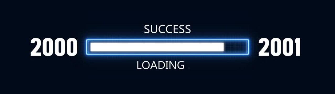 Loading bar from 2000 to 2001 new year transfer animation. Almost reaching New Year ,LOADING...text, alongside a success loading business progress and achieving goals investment.