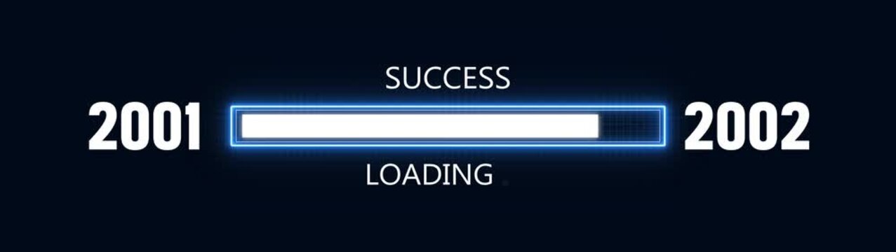 Loading bar from 2001 to 2002 new year transfer animation. Almost reaching New Year ,LOADING...text, alongside a success loading business progress and achieving goals investment.