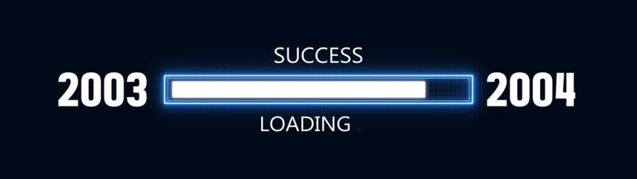 Loading bar from 2003 to 2004 new year transfer animation. Almost reaching New Year ,LOADING...text, alongside a success loading business progress and achieving goals investment.
