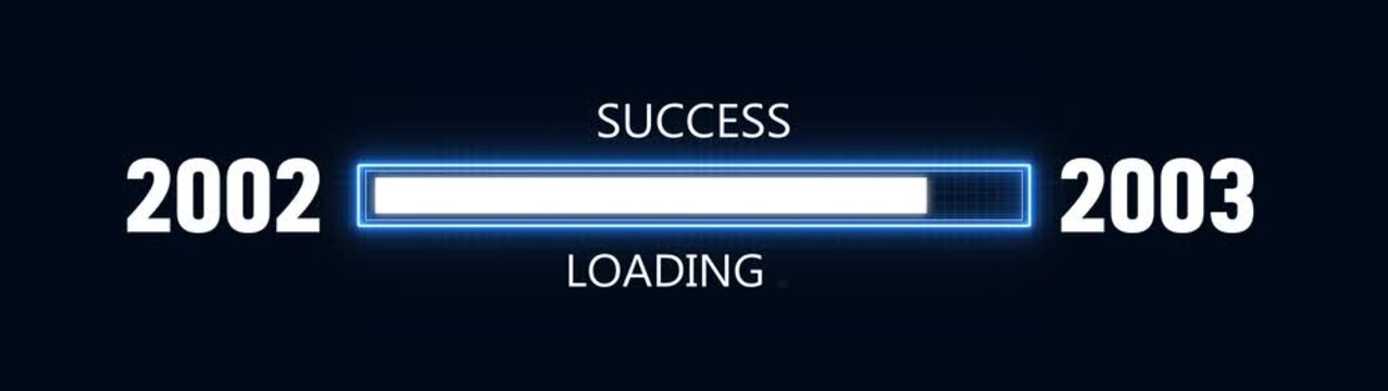Loading bar from 2002 to 2003 new year transfer animation. Almost reaching New Year ,LOADING...text, alongside a success loading business progress and achieving goals investment.