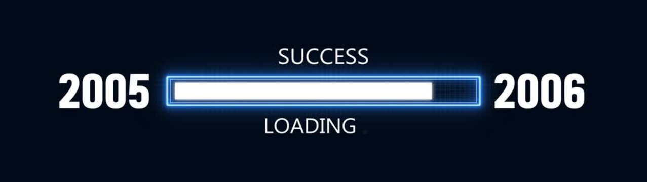 Loading bar from 2005 to 2006 new year transfer animation. Almost reaching New Year ,LOADING...text, alongside a success loading business progress and achieving goals investment.