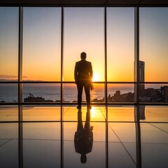 A man stands alone on a reflective floor gazing out at sunset