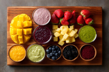 Colorful fruit and smoothie display on a wooden board for a healthy snack option