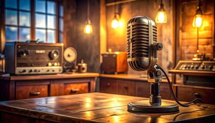 Vintage Microphone on Wooden Table in Retro Studio Setting with Warm Lighting.