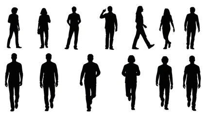 Collection of Diverse Human Silhouettes Standing and Walking.