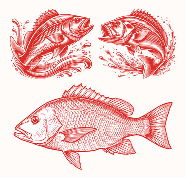 Red Snapper Fish Vector Illustration Set