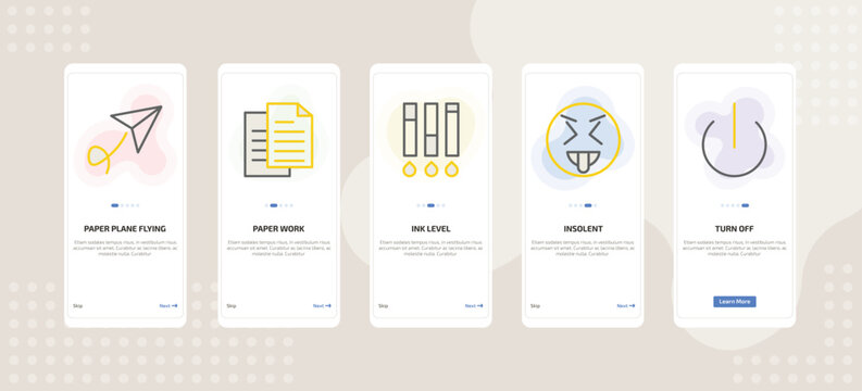onboarding screen template for UI elements mobile app ui with paper plane flying, paper work, ink level, insolent, turn off icons.