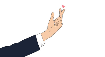 Elegant hand in a dark blue business suit and white shirt cuff making a small heart gesture with a pink heart icon floating above.