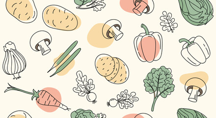 Seamless pattern features hand-drawn vegetable illustrations like potatoes, peppers, and mushrooms with colorful abstract shapes.