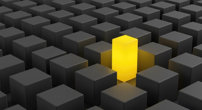 A single bright item stands out from a large group of similar gray items, emphasizing uniqueness and personal identity apart from the crowd ,metaphor ,object ,strategy