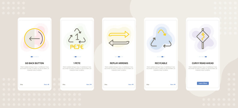 onboarding screen template for UI elements mobile app ui with go back button, 1 pete, replay arrows, recycable, curvy road ahead icons.