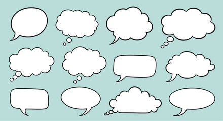 Various comic style speech and thought bubbles in white with black outlines arranged on a soft pastel blue background for design.