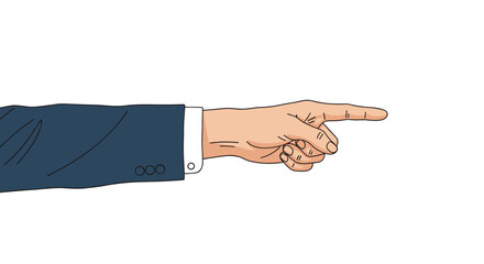 Professional hand gesture of a person wearing a navy blue suit jacket and white shirt pointing their finger towards the right side.