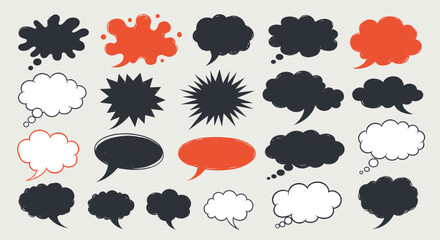 Extensive set of diverse speech and thought bubbles in black white and orange colors featuring various shapes and sketchy outlines.