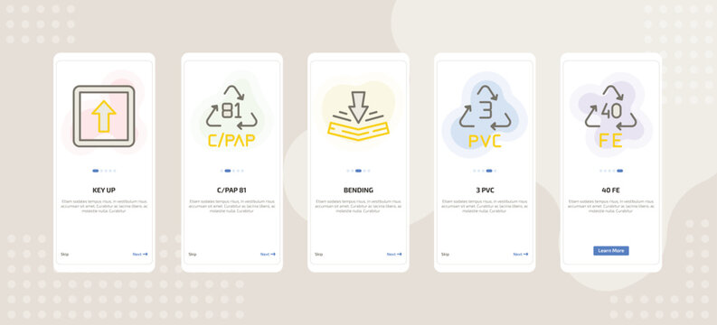 onboarding screen template for UI elements mobile app ui with key up, c/pap 81, bending, 3 pvc, 40 fe icons.