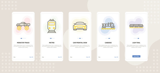 onboarding screen template for transport mobile app ui with monster truck, metro, car frontal view, caboose, light rail icons. © Farahim