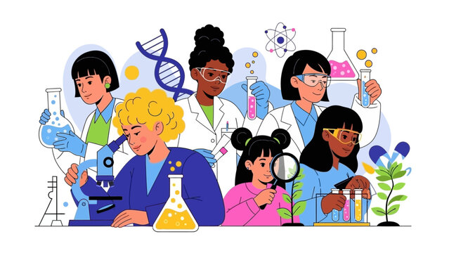 Illustration of diverse group of women and girls in lab coats engaging in science experiments with colorful equipment and vibrant laboratory setting.