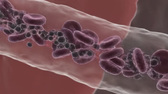 Detailed 3D animation of red blood cells interacting with invading pathogens within a blood vessel, illustrating a disease process.