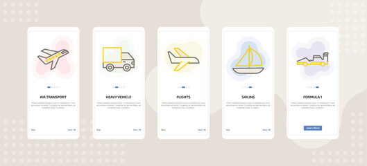 Naklejka premium onboarding screen template for transport mobile app ui with air transport, heavy vehicle, flights, sailing, formula 1 icons.