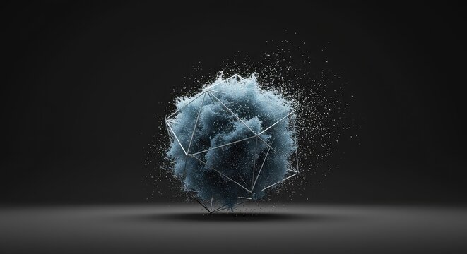 Abstract geometric form dissolving into a cloud of glowing particles, representing the ephemeral nature of concepts and ideas ,glowing ,shape ,ephemeral