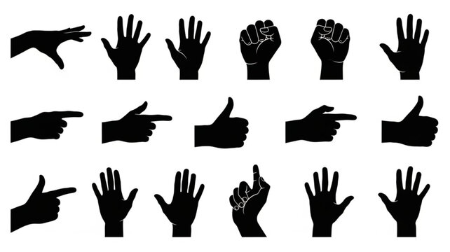 Collection of Diverse Hand Gestures Silhouettes Isolated on White Background.