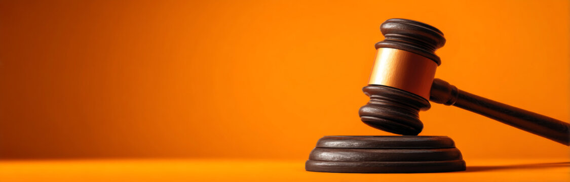 Dark wooden judge's gavel with a smooth polished surface and a sturdy handle resting on a matching sound block against a vibrant orange background