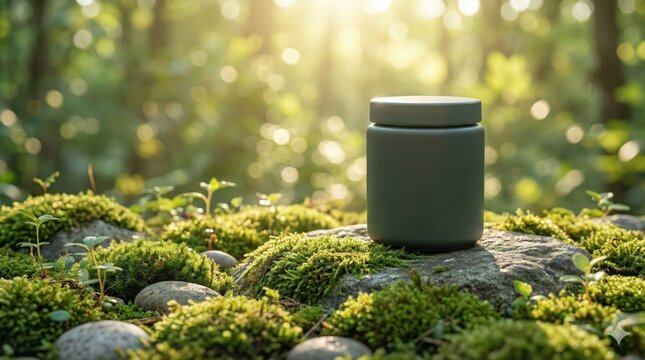 Green Ceramic Jar Product Shot on Mossy Forest Ground with Sunlight
