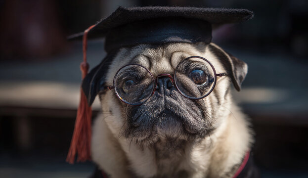 Adorable pug dog wearing round glasses and a black graduation cap with a red tassel, celebrating academic achievement