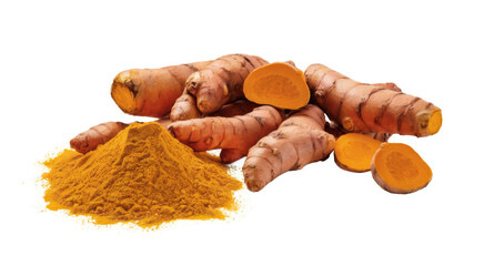 turmeric roots and powder isolated on white background.