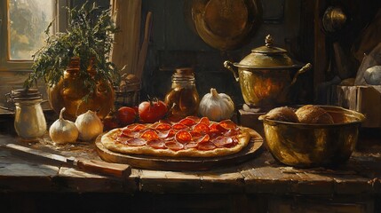 Fototapeta premium Rustic kitchen, pepperoni pizza, sunlit window, still life, food photography